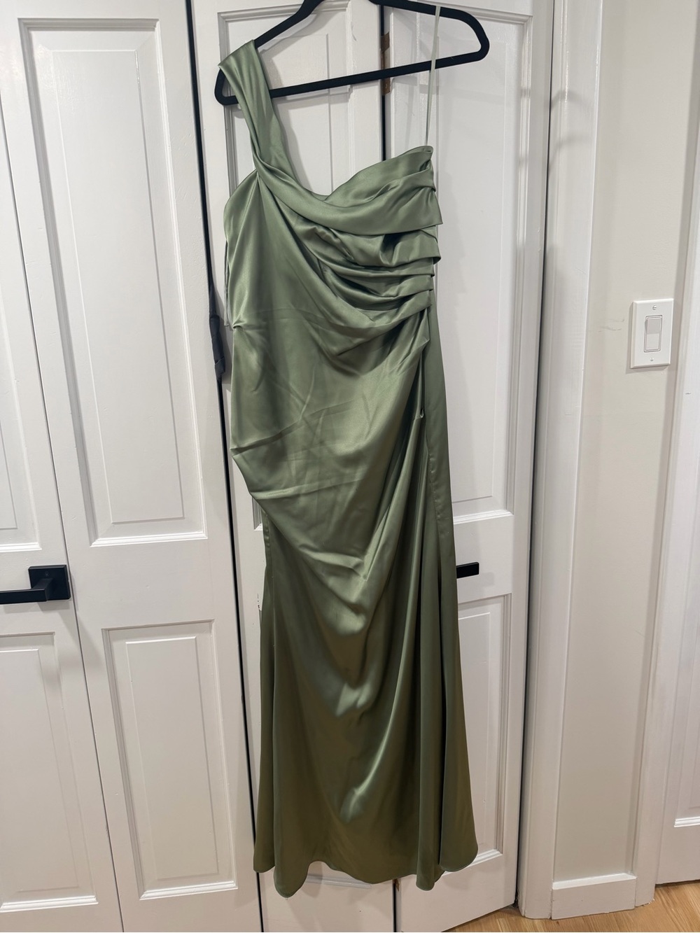 Chic Sew One-Shoulder Olive Green Satin Evening Dress, Size 8